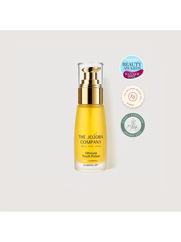 The Jojoba Company Ultimate Youth Potion 50ml bottle with gold pump and award badges
