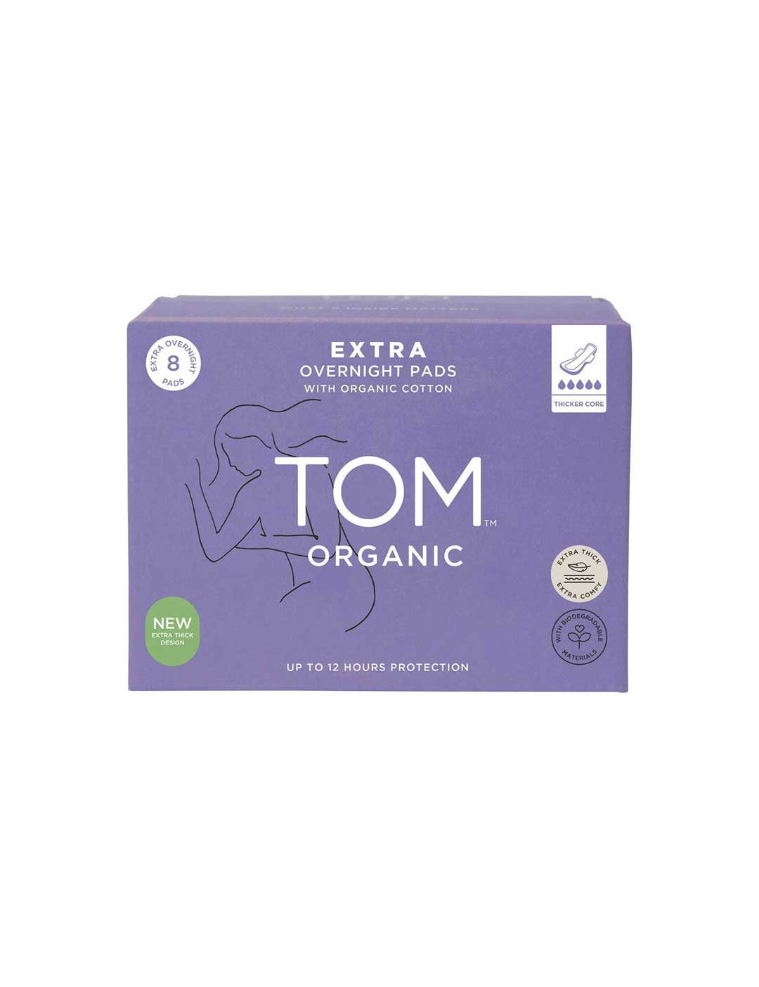 A purple box of TOM Organic Pads Extra Overnight 8pk with organic cotton, showing a simple woman’s outline, product info, and icons for 8 heavy flow pads, 12-hour protection, and use of organic cotton.