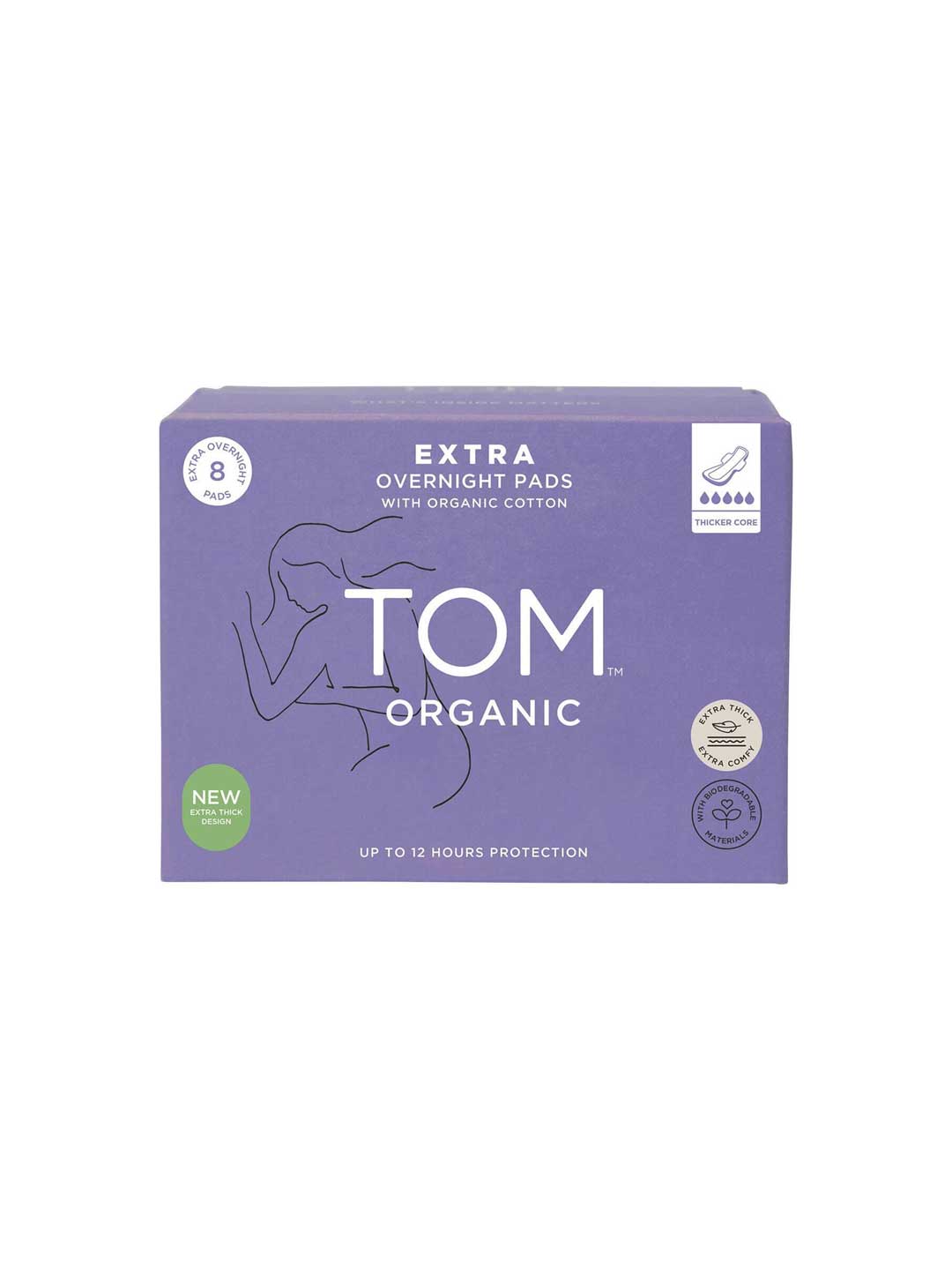 A purple box of TOM Organic Pads Extra Overnight 8pk with organic cotton, showing a simple woman’s outline, product info, and icons for 8 heavy flow pads, 12-hour protection, and use of organic cotton.