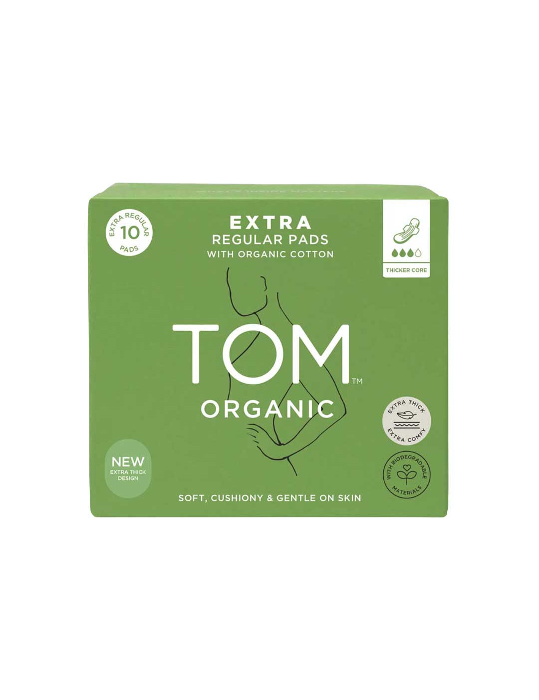 A green box of TOM Organic Pads Extra Regular 10pk with organic cotton, minimal line art of a woman, eco-friendly icons, and product details. These non-toxic pads provide plant-based softness and gentle care for your skin.