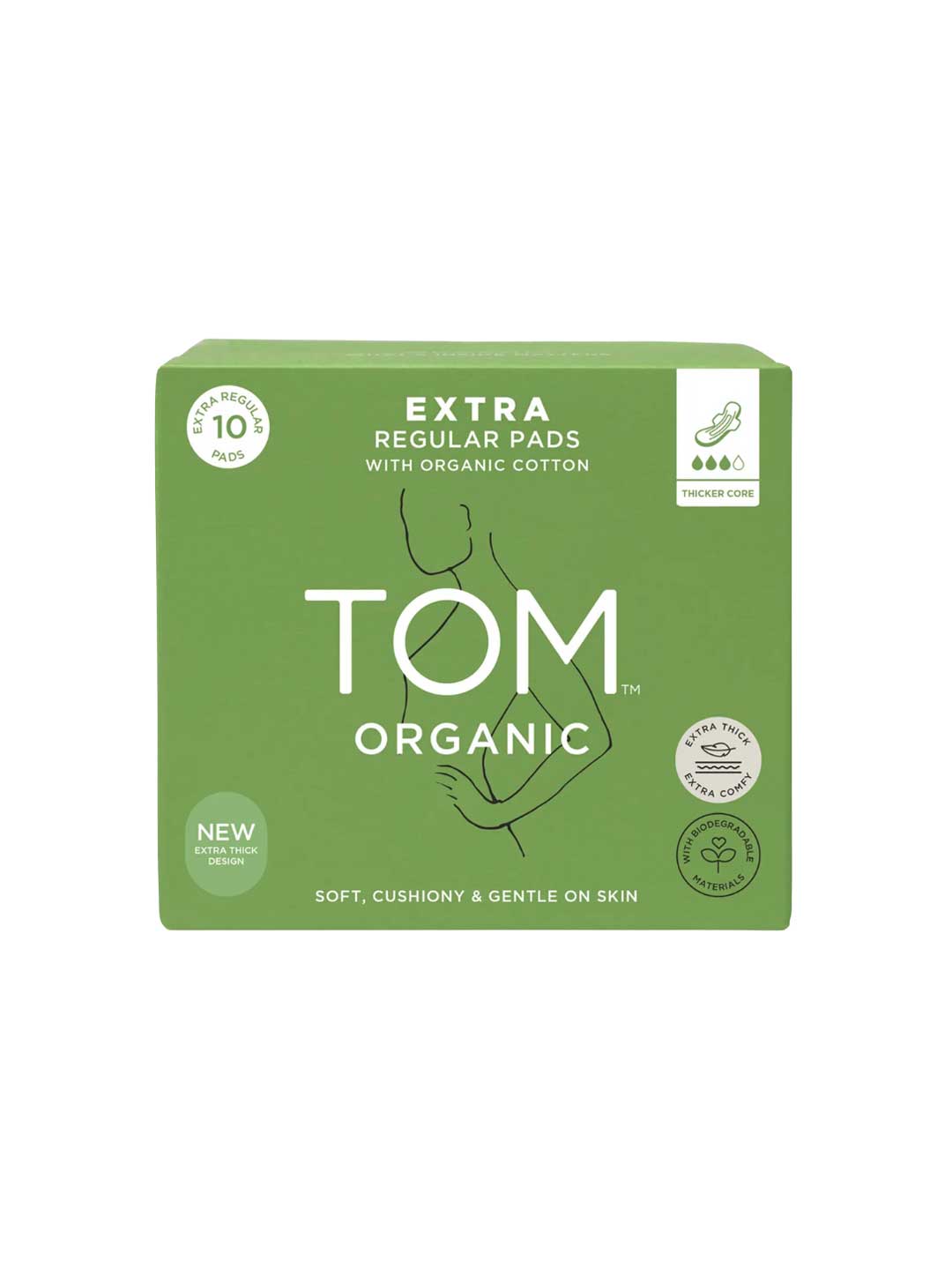 A green box of TOM Organic Pads Extra Regular 10pk with organic cotton, minimal line art of a woman, eco-friendly icons, and product details. These non-toxic pads provide plant-based softness and gentle care for your skin.