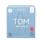 A blue box of TOM Organic Pads Extra Super 10pk features organic cotton pads, a woman’s body outline, and labels for breathability, hypoallergenic, and chemical-free benefits.