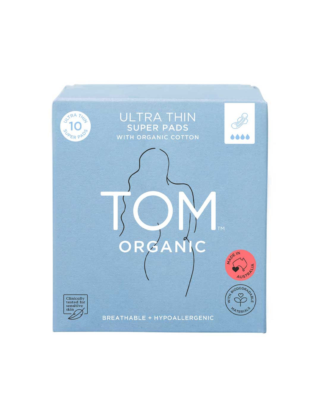 Light blue box of TOM Organic Pads Super 10pk made with organic cotton, featuring a simple female silhouette, key product info, and certification symbols—biodegradable pads designed for comfort and sustainability.