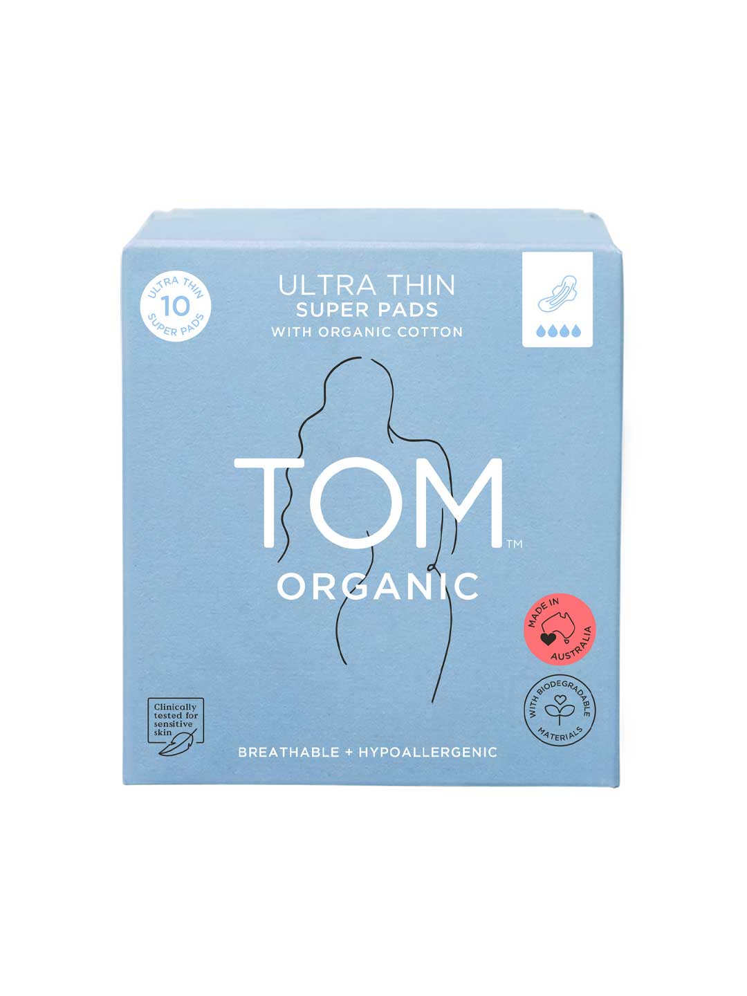 Light blue box of TOM Organic Pads Super 10pk made with organic cotton, featuring a simple female silhouette, key product info, and certification symbols—biodegradable pads designed for comfort and sustainability.