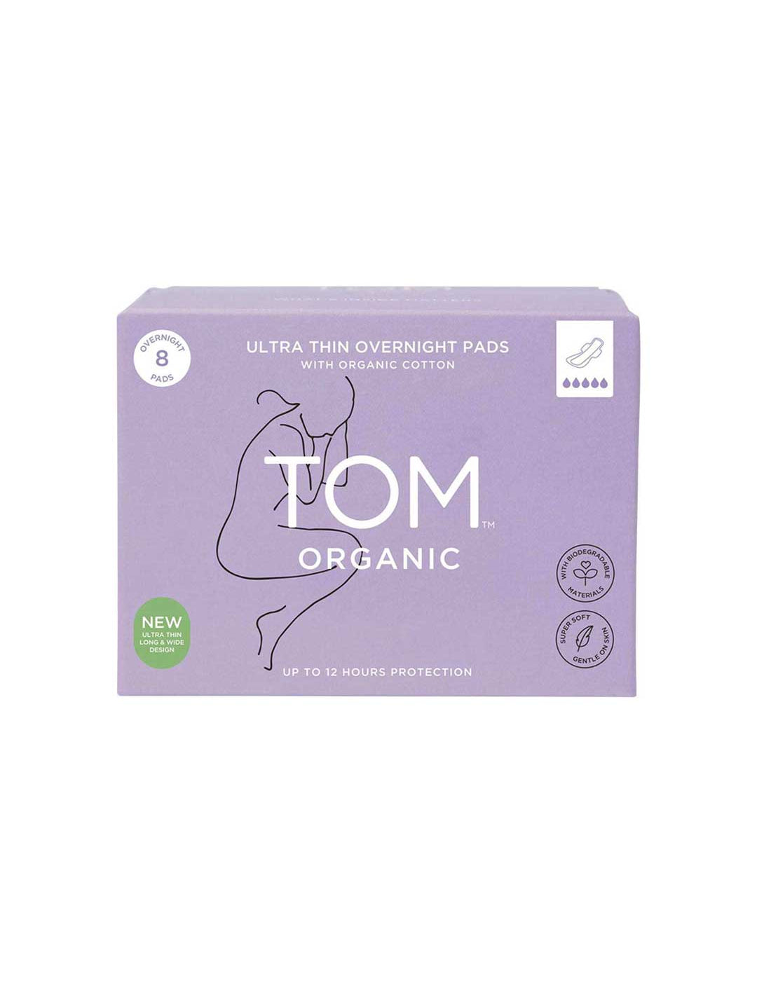 A lavender box of TOM Organic Pads Ultra Thin Overnight 8pk, made from biodegradable organic cotton, features minimalist line art of a woman plus organic and vegan certification icons.