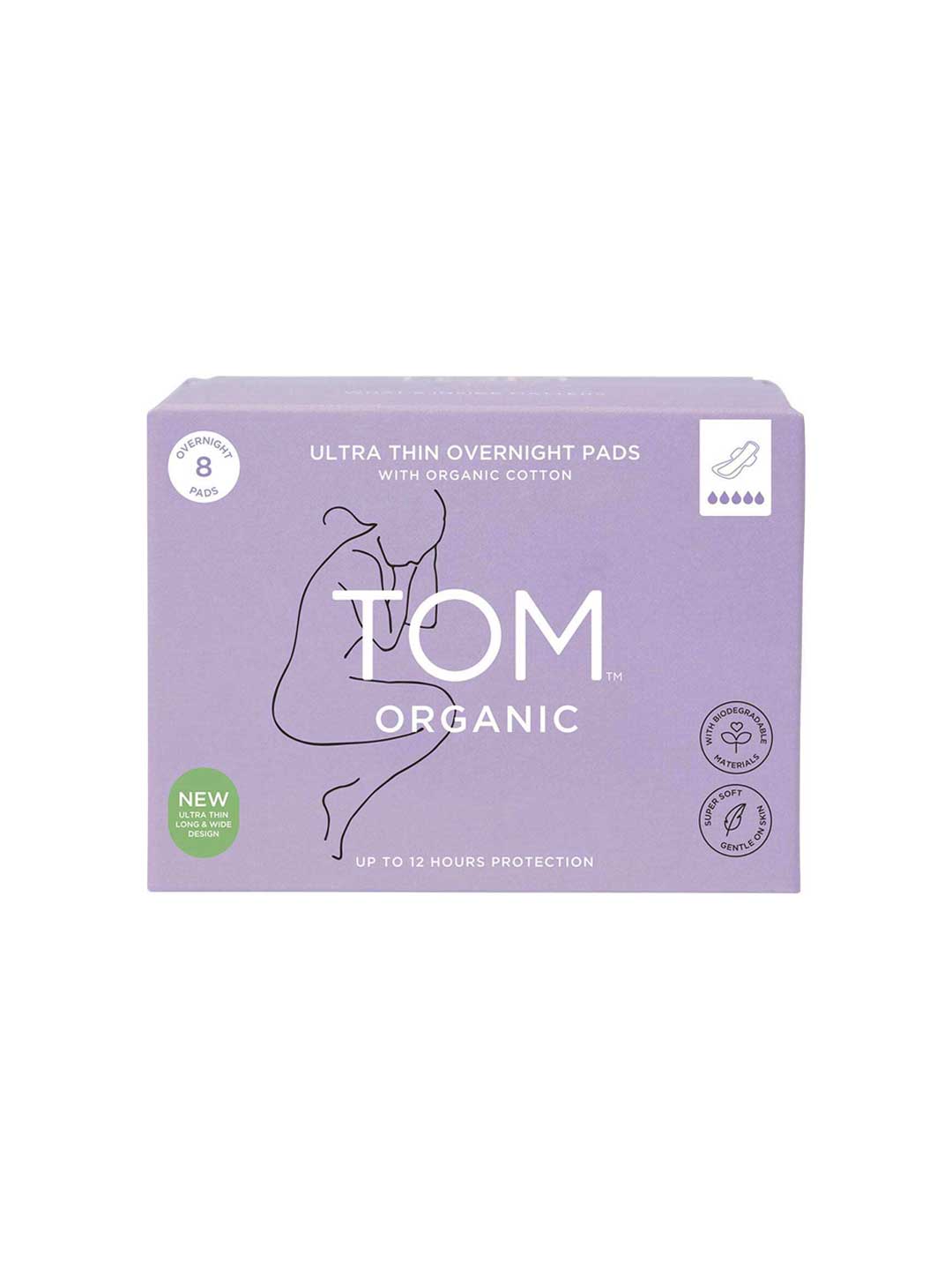 A lavender box of TOM Organic Pads Ultra Thin Overnight 8pk, made from biodegradable organic cotton, features minimalist line art of a woman plus organic and vegan certification icons.