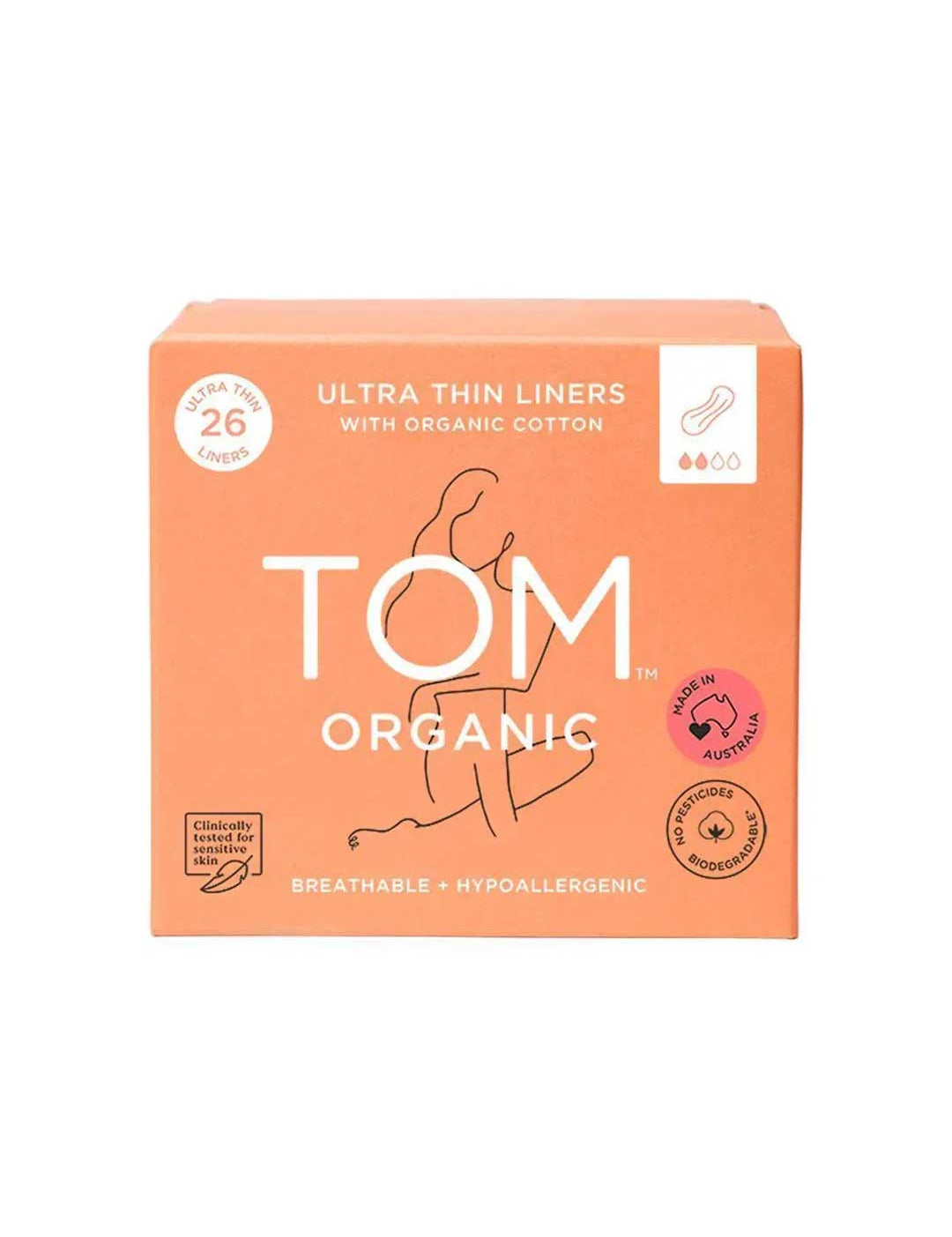 A breathable orange box of TOM Organic Panty Liners Wrapped Ultra Thin 26pk features hypoallergenic liners made with organic cotton and highlights being made in Australia.