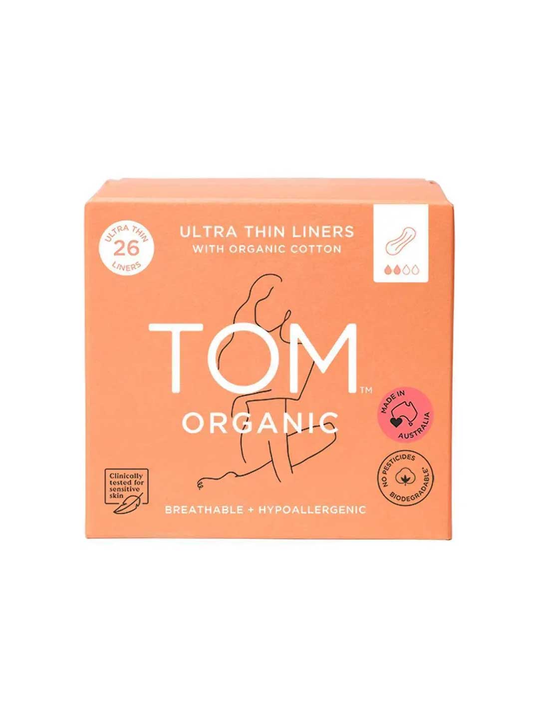 A breathable orange box of TOM Organic Panty Liners Wrapped Ultra Thin 26pk features hypoallergenic liners made with organic cotton and highlights being made in Australia.