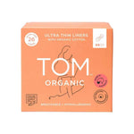 A breathable orange box of TOM Organic Panty Liners Wrapped Ultra Thin 26pk features hypoallergenic liners made with organic cotton and highlights being made in Australia.