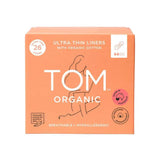 A breathable orange box of TOM Organic Panty Liners Wrapped Ultra Thin 26pk features hypoallergenic liners made with organic cotton and highlights being made in Australia.