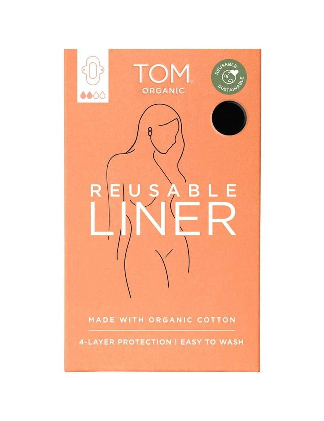 The TOM Organic Reusable Liner comes in an orange box with a minimalist woman illustration, a green organic certification logo, and text highlighting non-toxic sanitary pads made with organic cotton and a plant-based absorbent core for 4-layer protection.