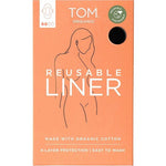 The TOM Organic Reusable Liner comes in an orange box with a minimalist woman illustration, a green organic certification logo, and text highlighting non-toxic sanitary pads made with organic cotton and a plant-based absorbent core for 4-layer protection.
