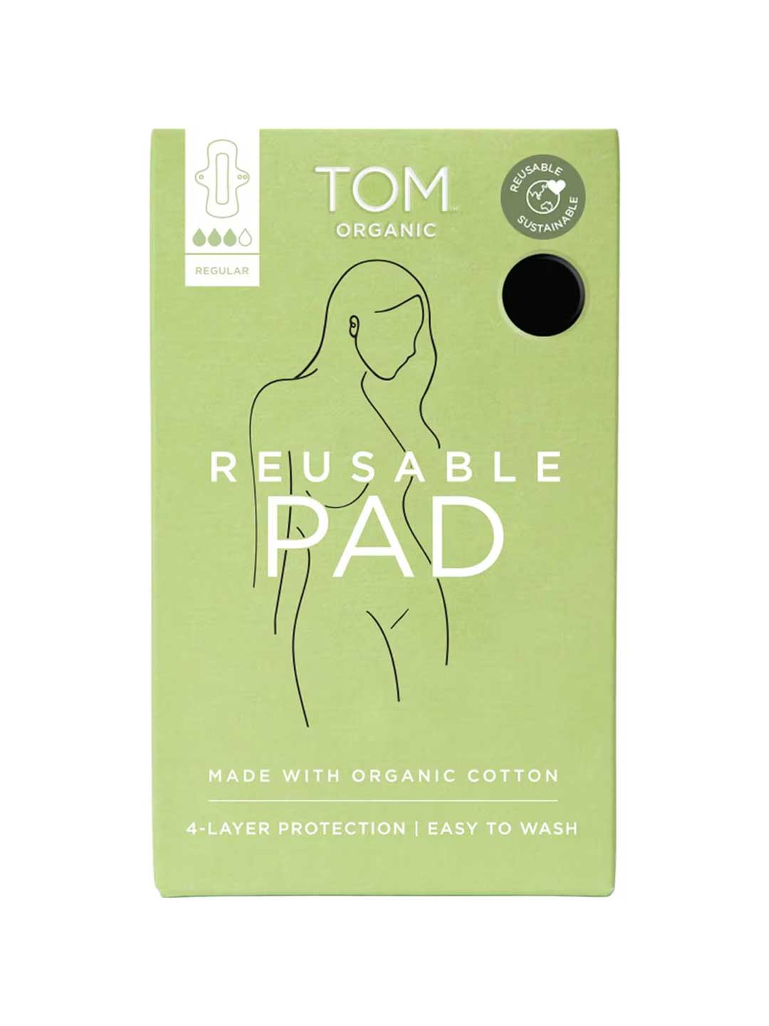 A green box of TOM Organic Reusable Pad with a minimalist woman’s line drawing. Chemical-free and made from organic cotton, these pads offer 4-layer protection and are easy to wash for safe, sustainable period care.