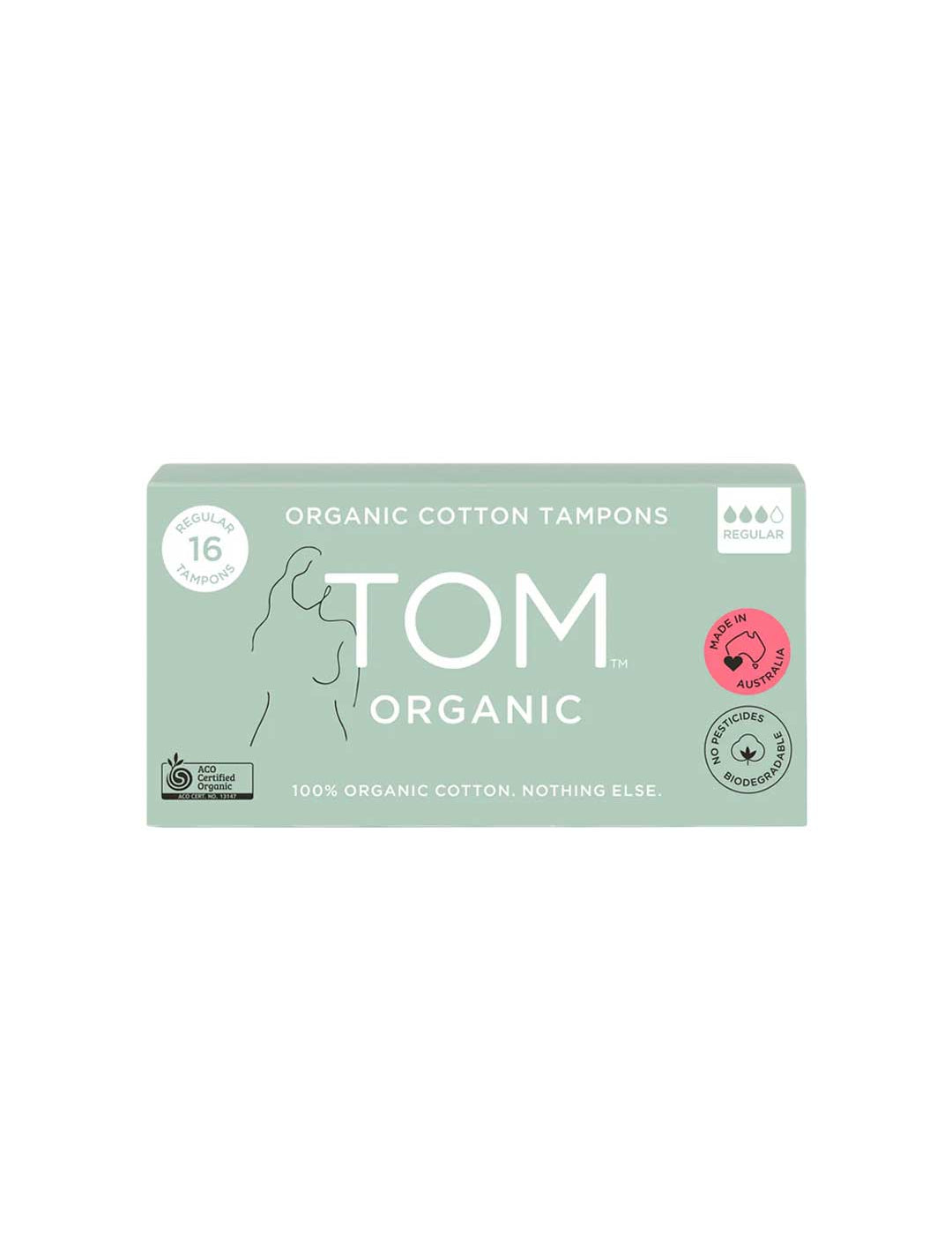 A light green box of TOM Organic Tampons Regular 32pk, made with 100% organic cotton. These biodegradable, hypoallergenic tampons are eco-friendly, Australian-made, and the pack highlights “Organic Cotton Tampons, 32 Regular.”.