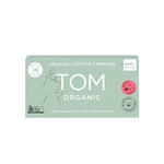 A light green box of TOM Organic Tampons Regular 32pk, made with 100% organic cotton. These biodegradable, hypoallergenic tampons are eco-friendly, Australian-made, and the pack highlights “Organic Cotton Tampons, 32 Regular.”.