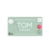 A light green box of TOM Organic Tampons Regular 32pk, made with 100% organic cotton. These biodegradable, hypoallergenic tampons are eco-friendly, Australian-made, and the pack highlights “Organic Cotton Tampons, 32 Regular.”.