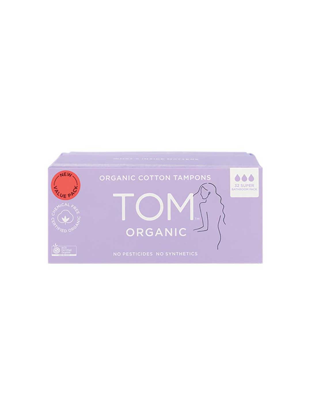 A lavender box of TOM Organic Tampons Super 32pk with white text, the TOM Organic logo, an outline of a woman, and icons for 32 super tampons. The biodegradable tampons contain no pesticides or synthetics.