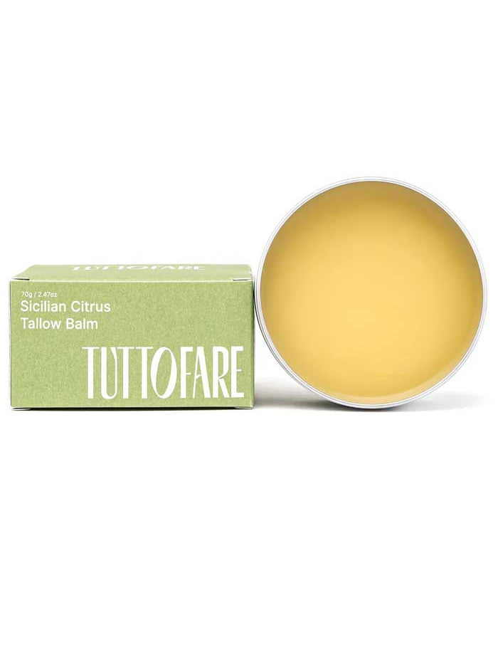 A green box labeled "Tuttofare Sicilian Citrus Tallow Balm 70g" is next to an open tin showing yellow, hydrating balm made with grass-fed beef tallow.