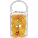 The Natural Rubber Soothers Teether Twin Pack Fish 2pk includes yellow, fish-shaped natural rubber baby teethers with textured bumps, each packaged in a clear plastic case with handle. The label reads "natural rubber soother.