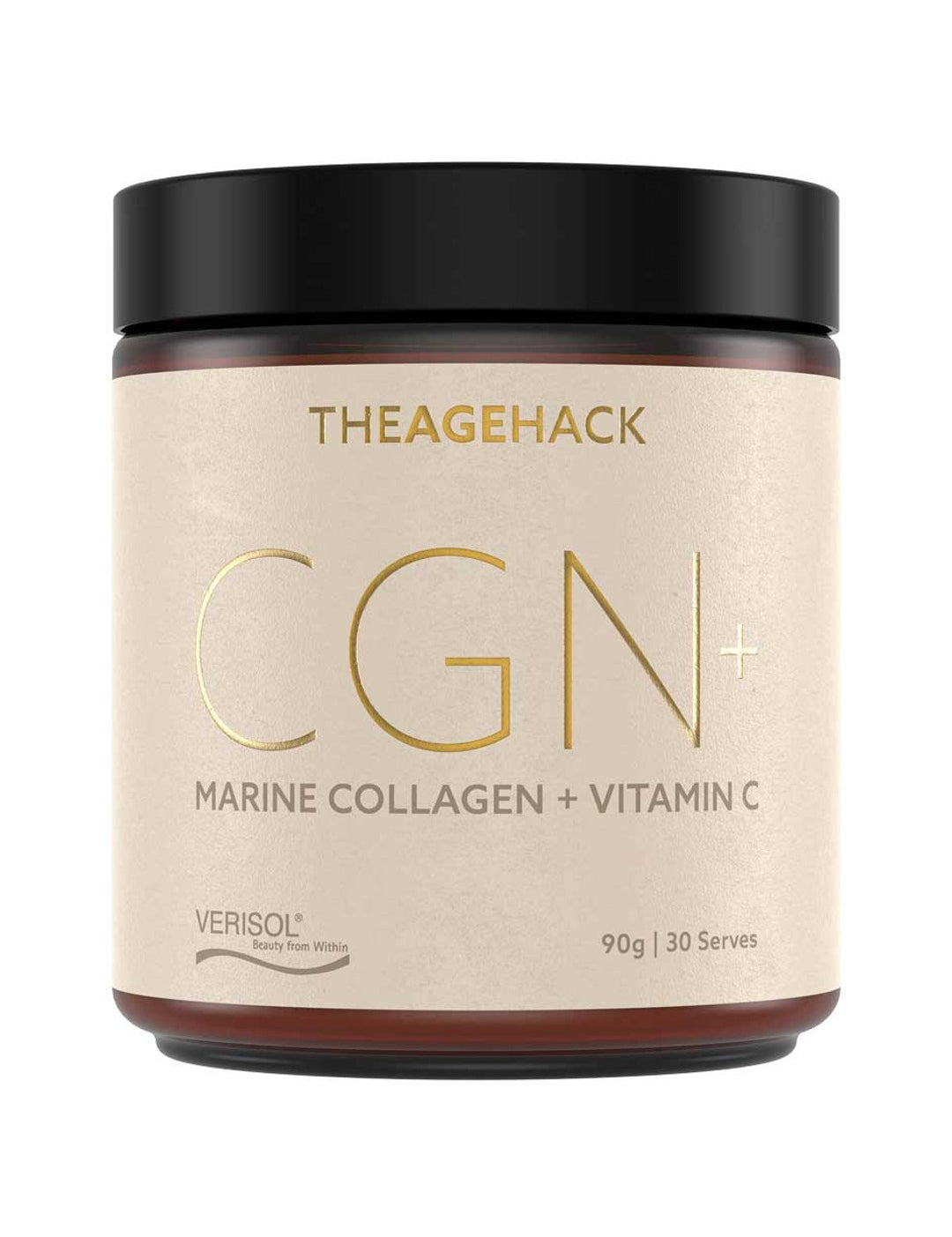 The Age Hack CGN Marine Collagen and Vitamin C 90g tub on a white background