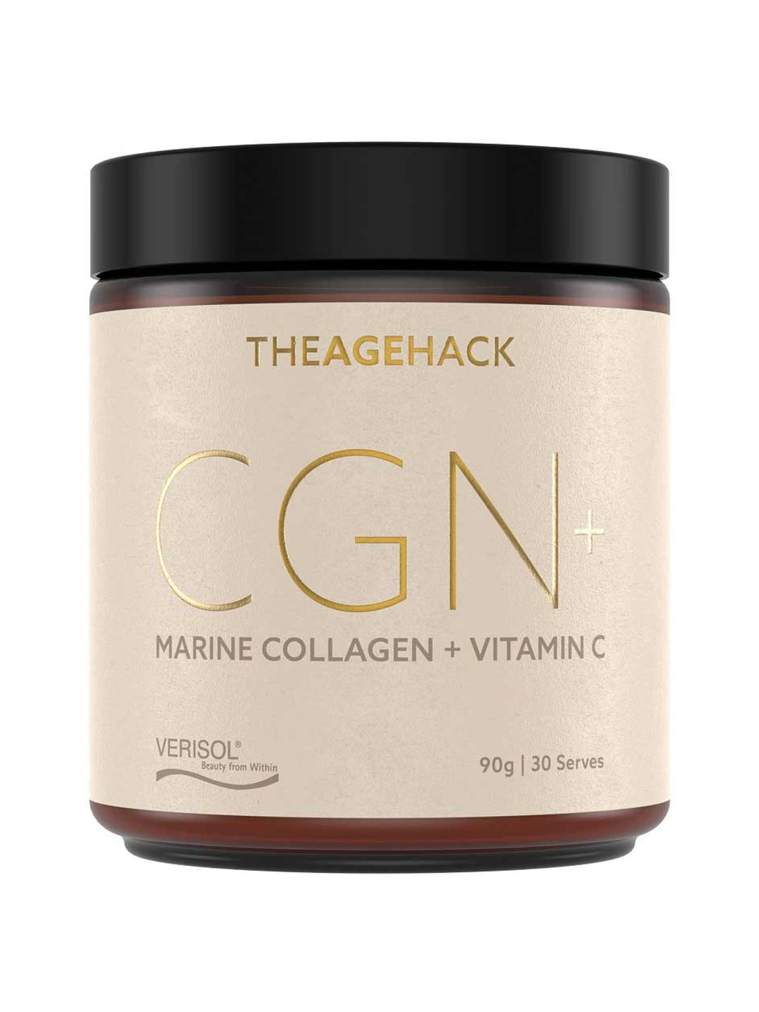 The Age Hack CGN Marine Collagen and Vitamin C 90g tub on a white background