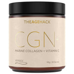 Wide amber The Age Hack CGN+ Marine Collagen and Vitamin C jar with a black screw lid and a pale cream label, with oversized thin gold 'CGN+' lettering on the front.