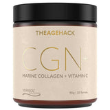 Wide amber The Age Hack CGN+ Marine Collagen and Vitamin C jar with a black screw lid and a pale cream label, with oversized thin gold 'CGN+' lettering on the front.