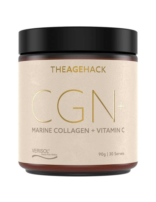 Wide amber The Age Hack CGN+ Marine Collagen and Vitamin C jar with a black screw lid and a pale cream label, with oversized thin gold 'CGN+' lettering on the front.