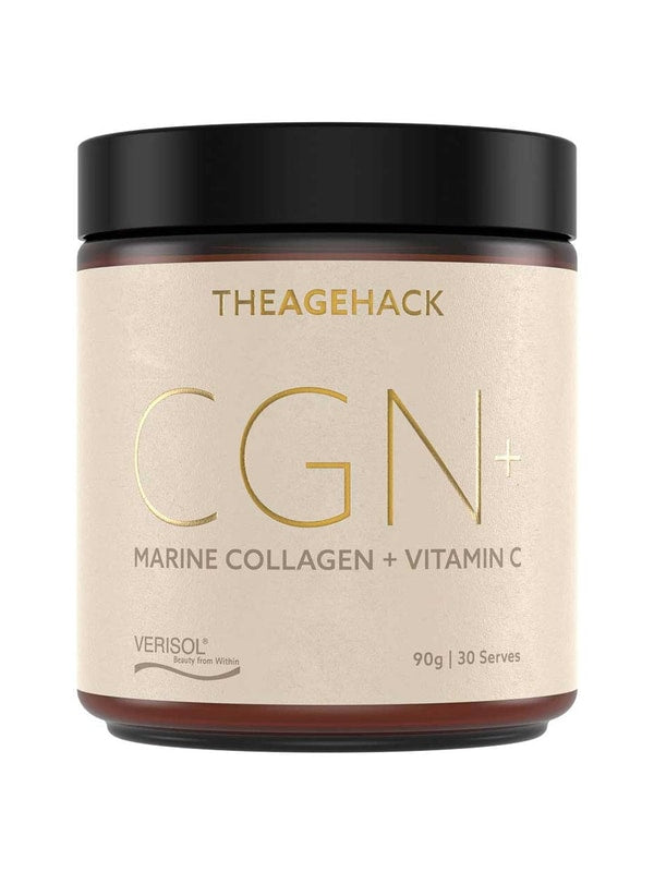Wide amber The Age Hack CGN+ Marine Collagen and Vitamin C jar with a black screw lid and a pale cream label, with oversized thin gold 'CGN+' lettering on the front.