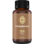 A brown bottle with a black cap labeled The Age Hack HLA Hyaluronic Acid 60 Caps features a gold geometric logo and promotes skin hydration with Sodium Hyaluronate. Contains 60 capsules.