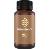 A brown bottle with a black cap labeled The Age Hack HLA Hyaluronic Acid 60 Caps features a gold geometric logo and promotes skin hydration with Sodium Hyaluronate. Contains 60 capsules.