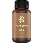 A brown bottle with a black cap labeled The Age Hack HLA Hyaluronic Acid 60 Caps features a gold geometric logo and promotes skin hydration with Sodium Hyaluronate. Contains 60 capsules.