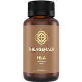 A brown bottle with a black cap labeled The Age Hack HLA Hyaluronic Acid 60 Caps features a gold geometric logo and promotes skin hydration with Sodium Hyaluronate. Contains 60 capsules.