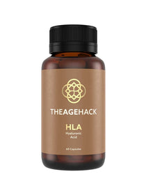 A brown bottle with a black cap labeled The Age Hack HLA Hyaluronic Acid 60 Caps features a gold geometric logo and promotes skin hydration with Sodium Hyaluronate. Contains 60 capsules.