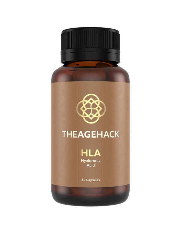 A brown bottle with a black cap labeled The Age Hack HLA Hyaluronic Acid 60 Caps features a gold geometric logo and promotes skin hydration with Sodium Hyaluronate. Contains 60 capsules.