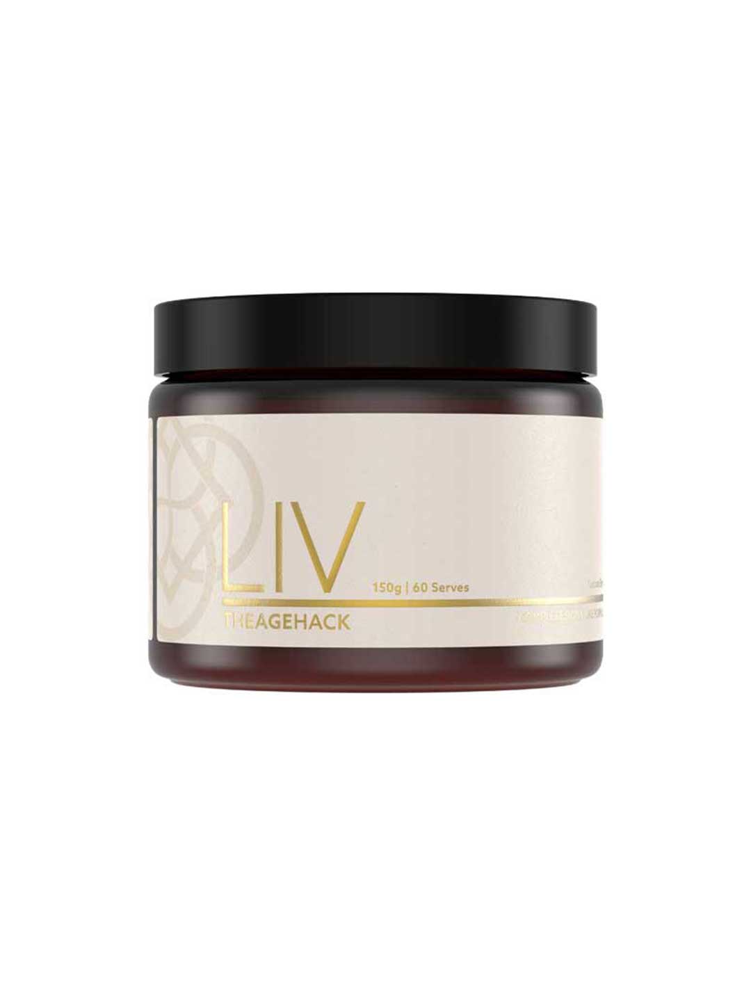 A brown jar with a black lid labeled “The Age Hack LIV - NMN & Marine Collagen supplement 150g” sits against a white background. The minimalistic gold and beige label hints at longevity, ideal for wellness or NMN supplement routines.