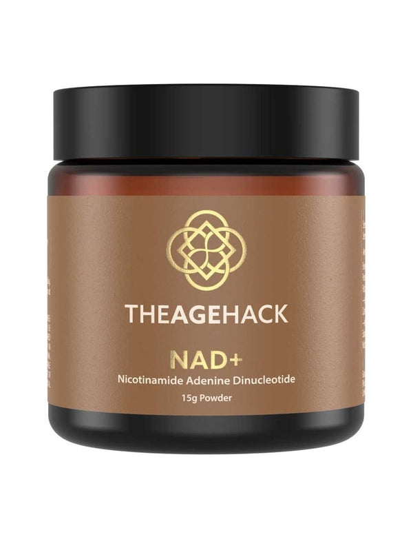 Small amber The Age Hack NAD+ powder jar with a broad black screw lid and a gold-brown label, with a gold geometric emblem above white brand lettering and the NAD+ name.