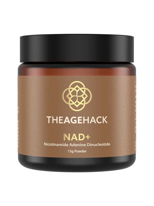Small amber The Age Hack NAD+ powder jar with a broad black screw lid and a gold-brown label, with a gold geometric emblem above white brand lettering and the NAD+ name.