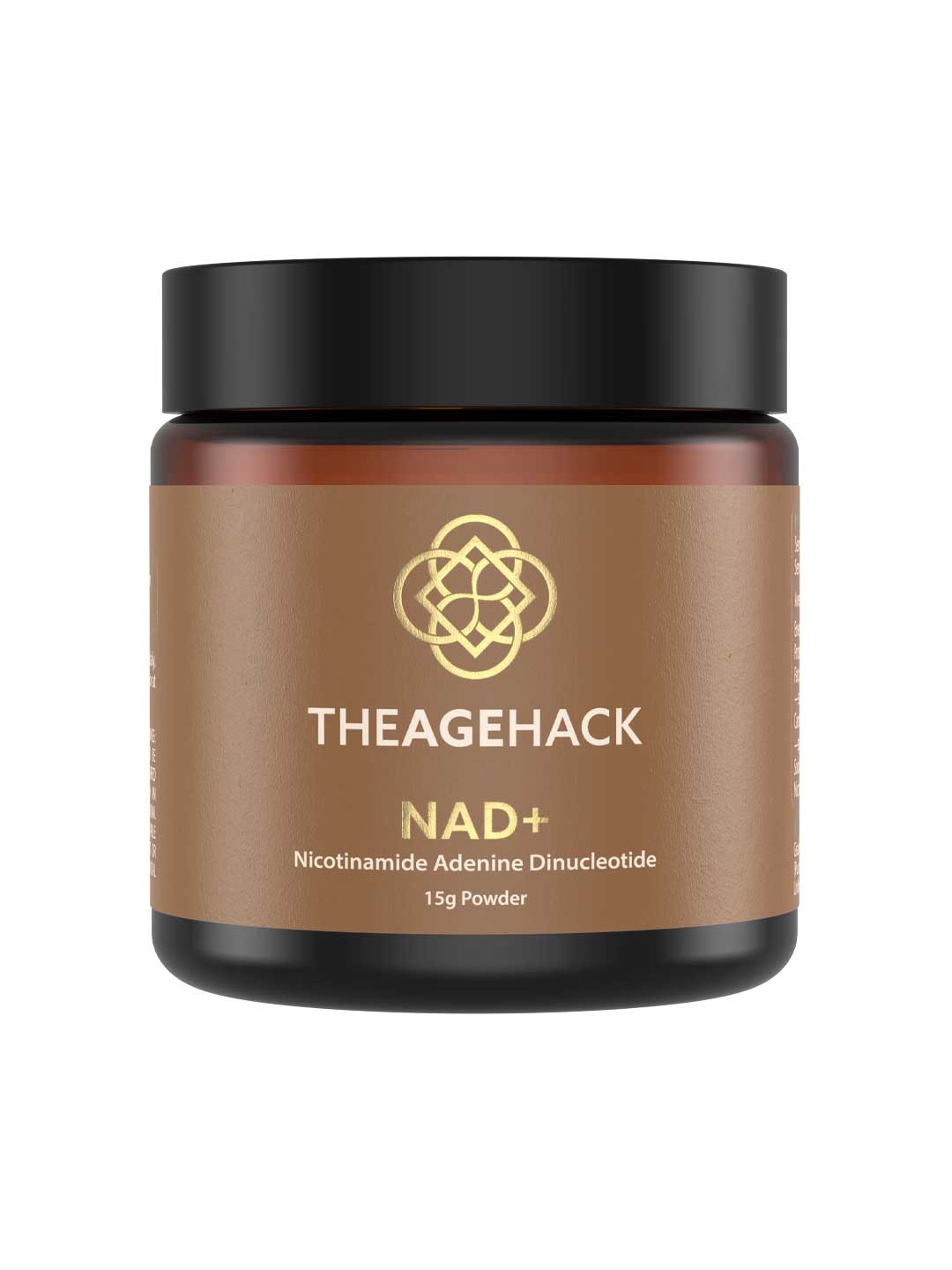 A brown jar labeled The Age Hack NAD+ Powder 15g with a gold geometric logo, formulated to support cellular wellness and boost daily energy.