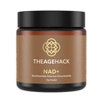 A brown jar labeled The Age Hack NAD+ Powder 15g with a gold geometric logo, formulated to support cellular wellness and boost daily energy.