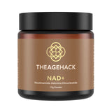 A brown jar labeled The Age Hack NAD+ Powder 15g with a gold geometric logo, formulated to support cellular wellness and boost daily energy.