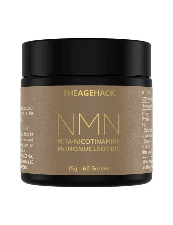 Small amber The Age Hack NMN powder jar with a broad black screw lid and a gold-brown label, with large thin gold 'NMN' lettering above the full ingredient name.