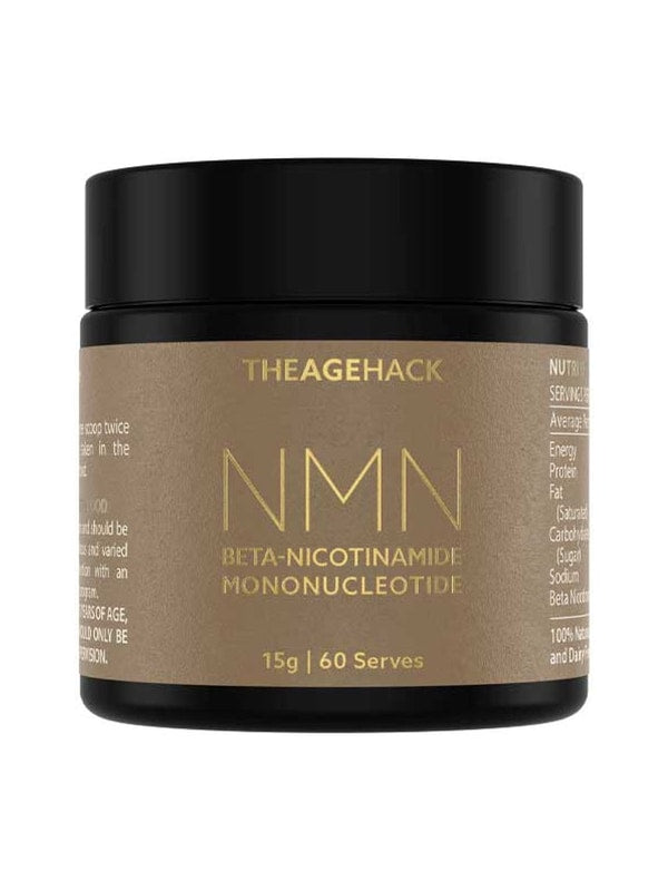 Small amber The Age Hack NMN powder jar with a broad black screw lid and a gold-brown label, with large thin gold 'NMN' lettering above the full ingredient name.
