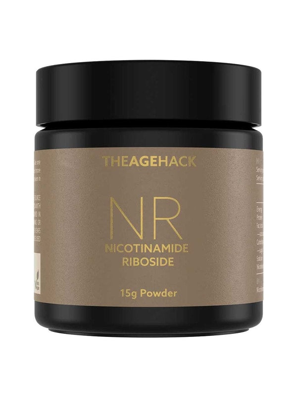 The Age Hack NR Nicotinamide Riboside Powder 15g tub on a white background