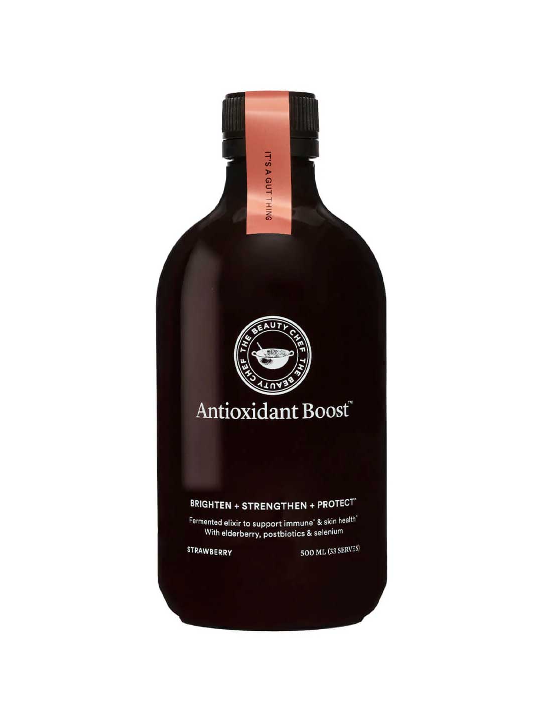The Beauty Chef Antioxidant Boost™ 500ml is a dark bottle with a pink cap and label, promoting skin brightening, strengthening, and protection. This strawberry-flavored probiotic elixir includes elderberry, prebiotics, and selenium.