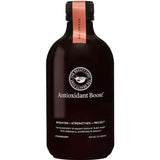 The Beauty Chef Antioxidant Boost™ 500ml is a dark bottle with a pink cap and label, promoting skin brightening, strengthening, and protection. This strawberry-flavored probiotic elixir includes elderberry, prebiotics, and selenium.