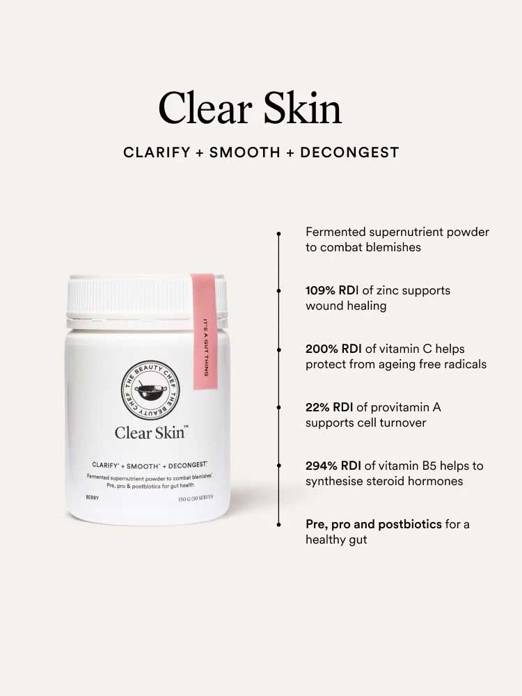 A white container labeled The Beauty Chef Clear Skin™ Berry 150g sits on a beige background. Text beside it highlights benefits and nutrients like zinc, vitamin C, probiotics, and fermented supernutrient powder for blemish-prone skin.