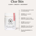 A white container labeled The Beauty Chef Clear Skin™ Berry 150g sits on a beige background. Text beside it highlights benefits and nutrients like zinc, vitamin C, probiotics, and fermented supernutrient powder for blemish-prone skin.