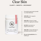 A white container labeled The Beauty Chef Clear Skin™ Berry 150g sits on a beige background. Text beside it highlights benefits and nutrients like zinc, vitamin C, probiotics, and fermented supernutrient powder for blemish-prone skin.