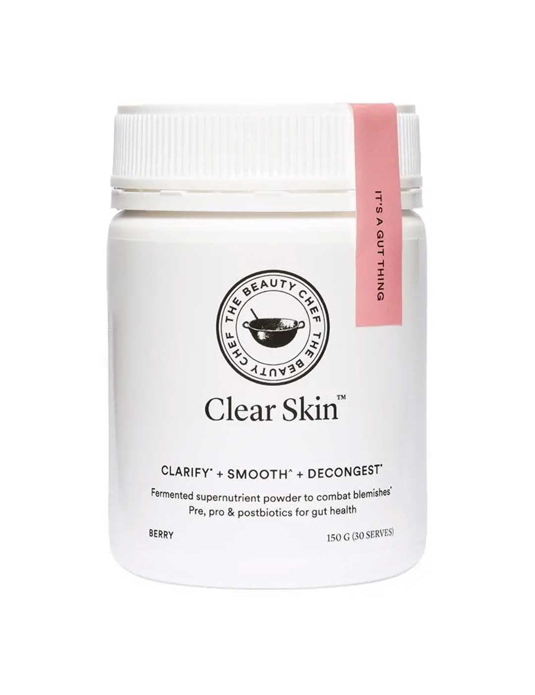 A white container of The Beauty Chef Clear Skin™ Berry 150g with a pink-labeled lid. This fermented supernutrient powder supports gut and skin health, and is formulated to clarify and decongest blemish-prone skin.